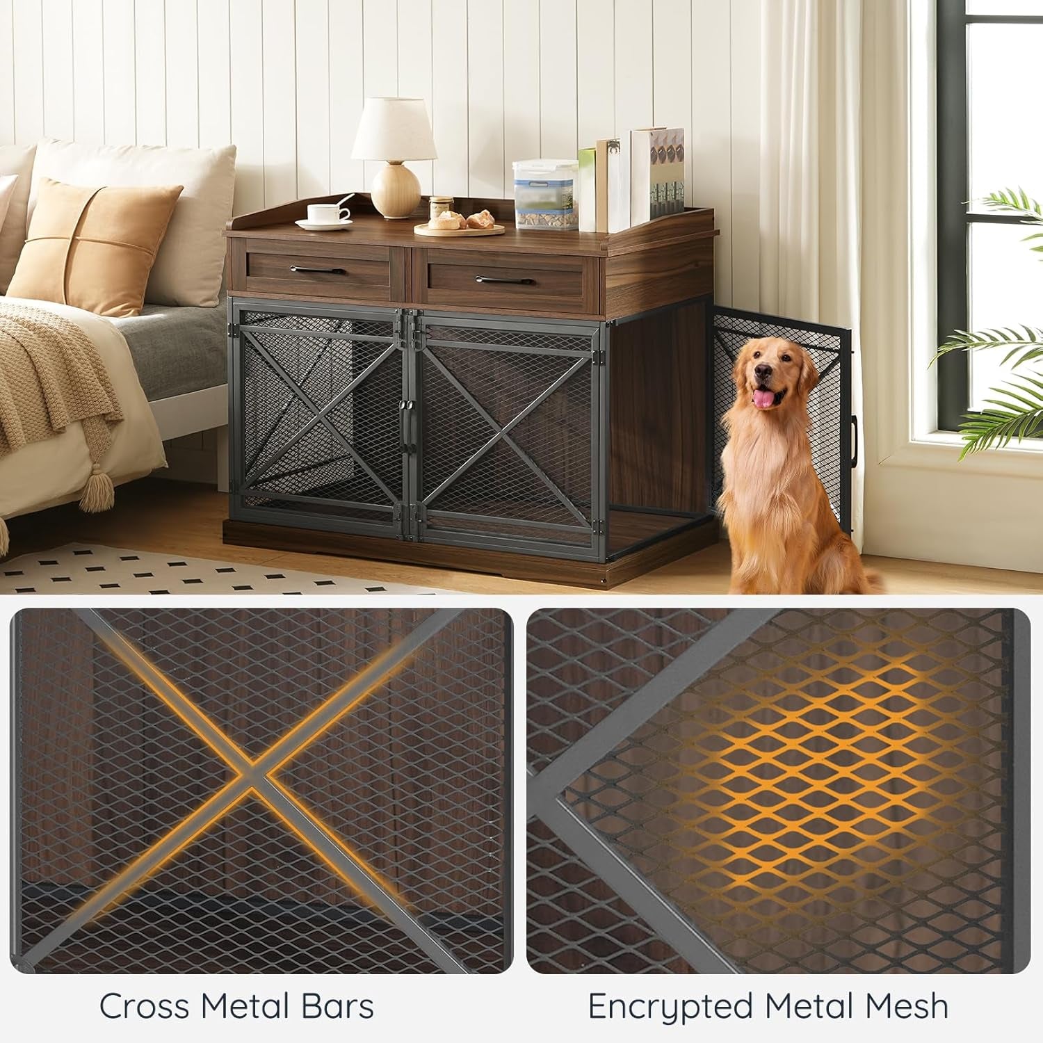43.3” Dog Crate Furniture, XL Heavy Duty Dog Kennel with Drawers, Wooden Crate Indoor Side End Table for Medium to Large Dogs, Triple Door Design, Walnut and Black