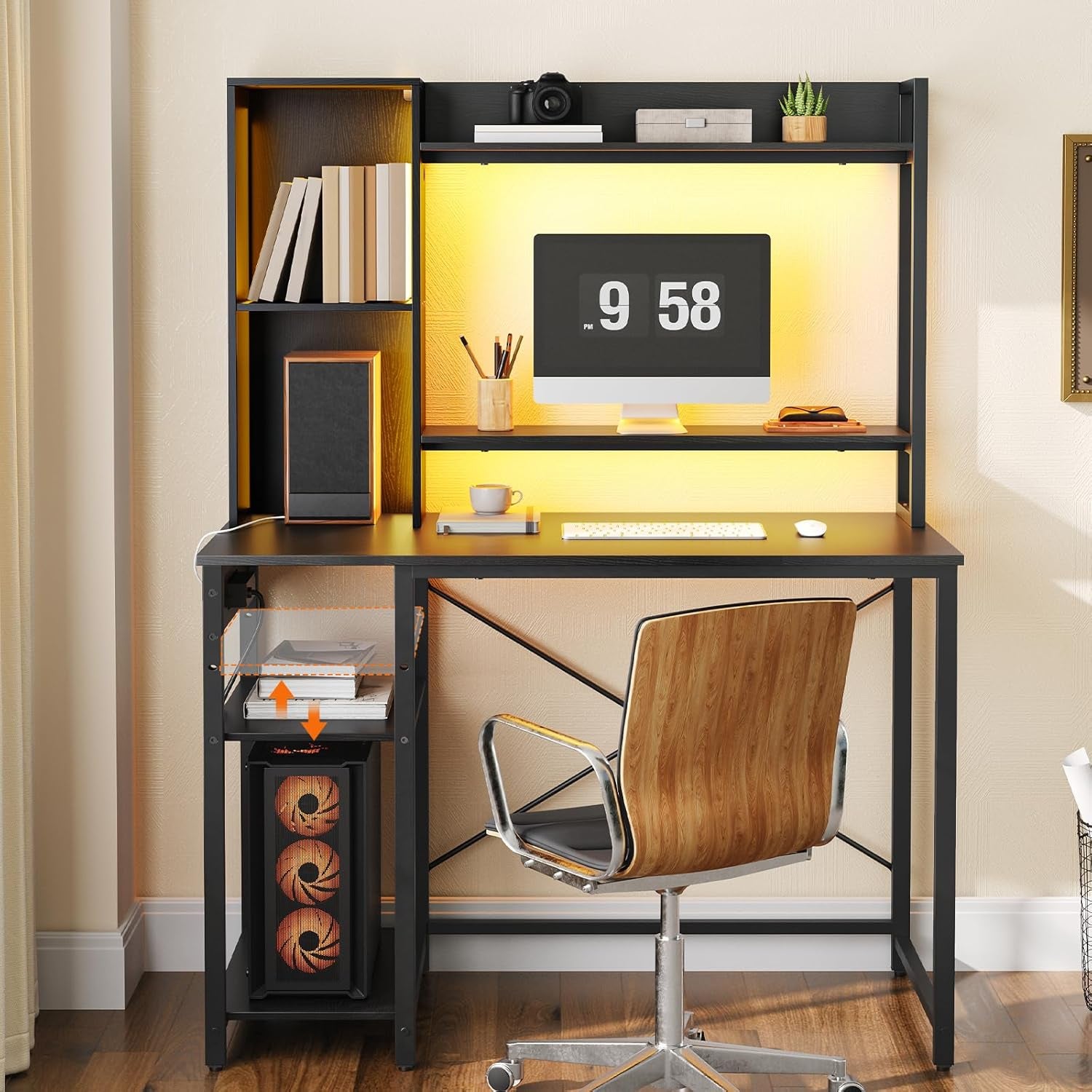 Computer Desk, Gaming Desk with LED and Outlets, Home Office Desk with Monitor Stand and Adjustable Shelf, Small Gaming Table with CPU Stand for Home Office, Small Space, Black BB100UDDN01