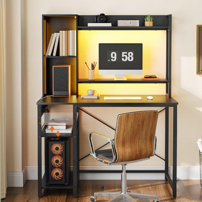 Computer Desk, Gaming Desk with LED and Outlets, Home Office Desk with Monitor Stand and Adjustable Shelf, Small Gaming Table with CPU Stand for Home Office, Small Space, Black BB100UDDN01