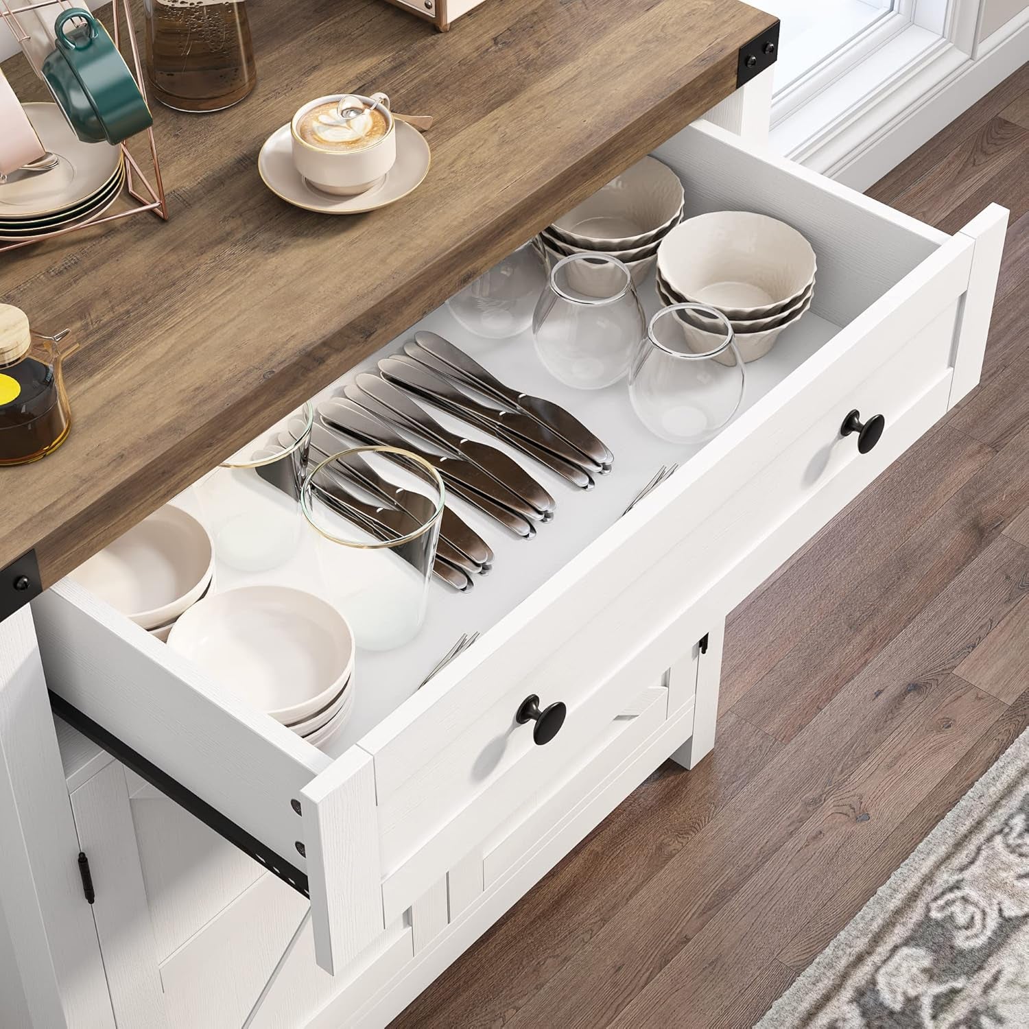 Coffee Bar Cabinet, Kitchen Storage Cabinet, Modern Farmhouse Buffet Sideboard with Drawer and Adjustable Shelf, Barn Door Accent Cabinets for Kitchen, Dining Room, Entryway, White
