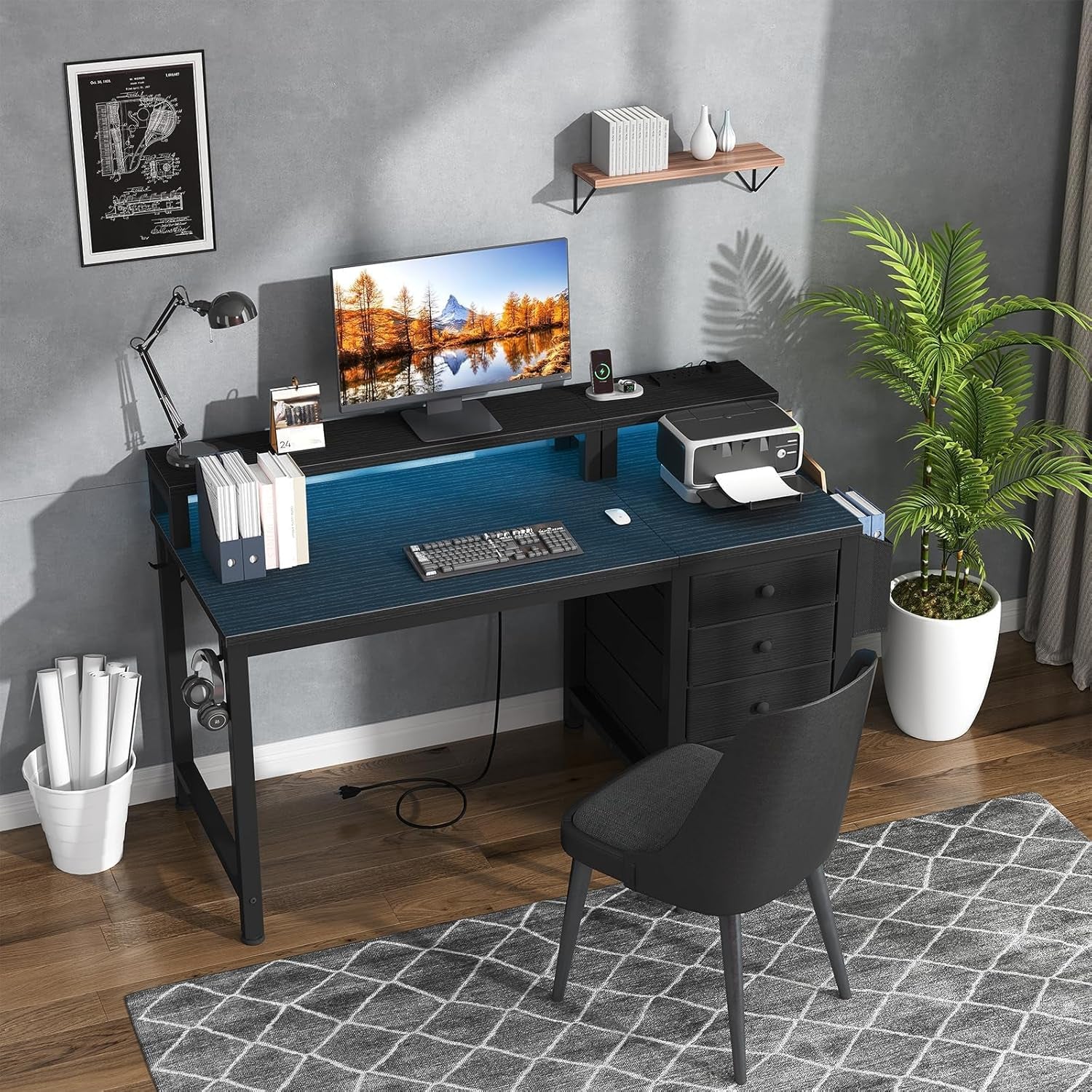Gaming Desk with LED Lights and Power Outlets, 47 Inch Computer Desk with Fabric Drawers, Reversible Home Office Desk with Monitor Stand, Black