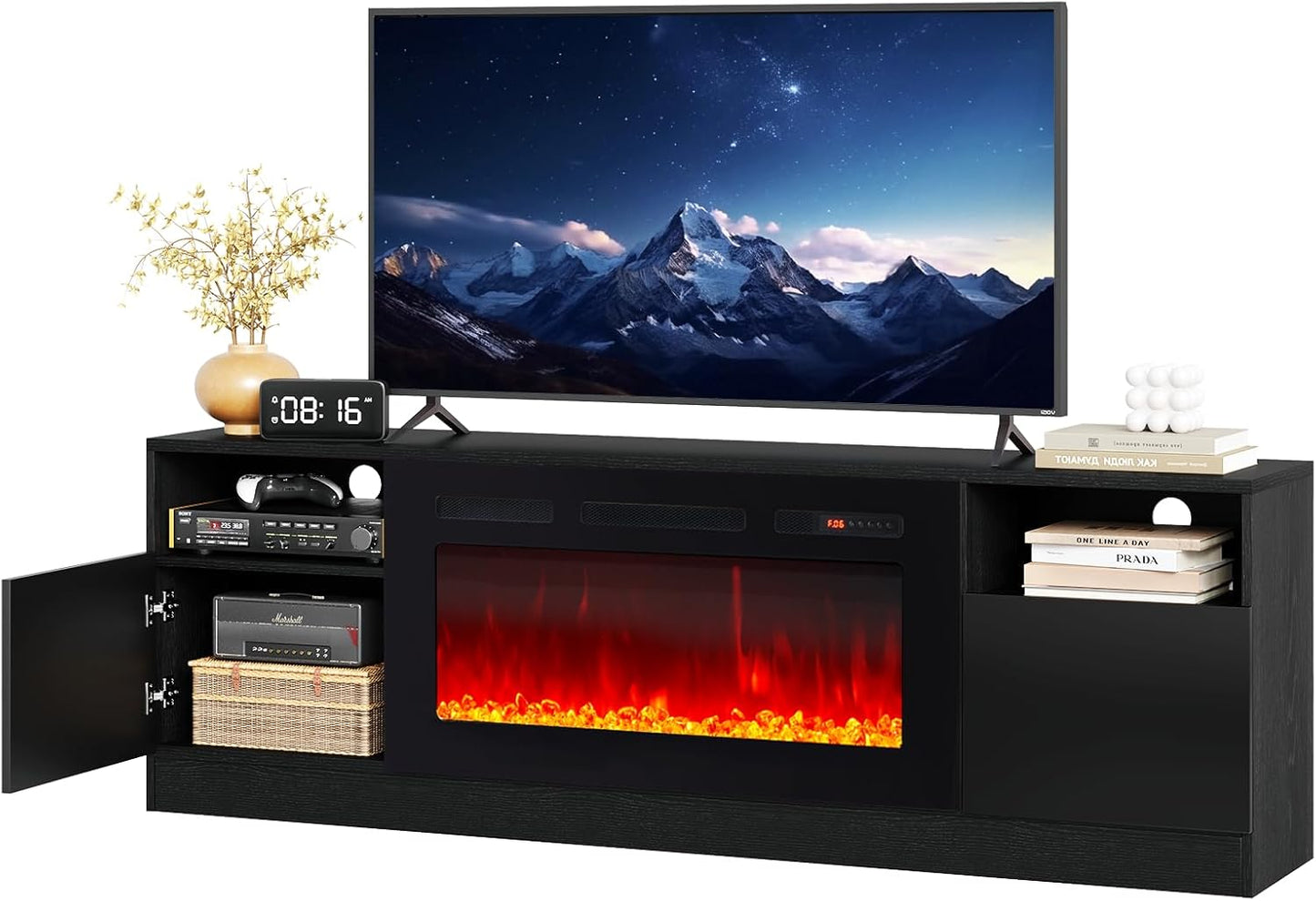70" Fireplace TV Stand with 36" Electric Fireplace, LED Light Entertainment Center for Tvs up to 80", High-Gloss Door, Modern TV Console for Living Room with Storage Cabinet, Black+Black