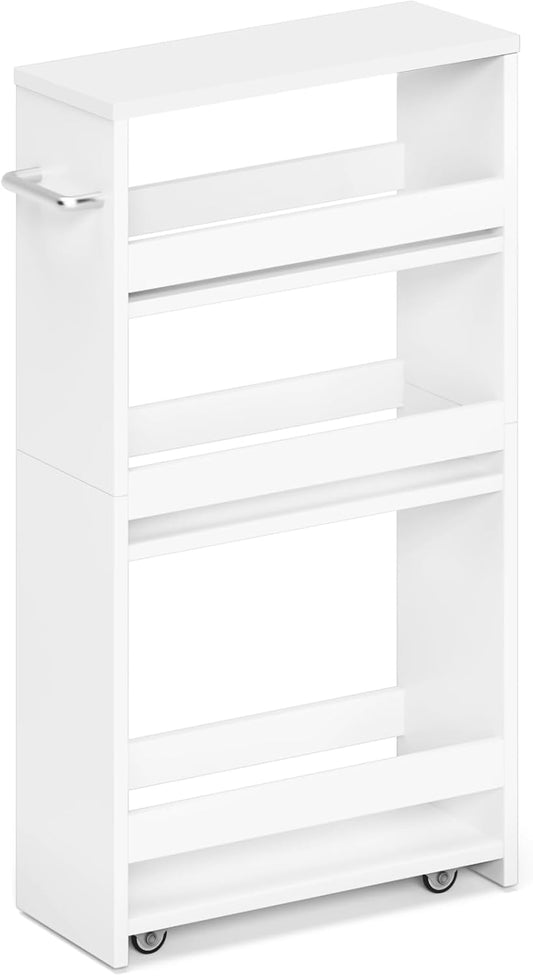 White Slim Storage Cart with Wheels, 4 Tier Rolling Utility Cart with Handle Slide Out Shelving Unit Organizer Trolley for Laundry Kitchen Bathroom Narrow Places Small Corner