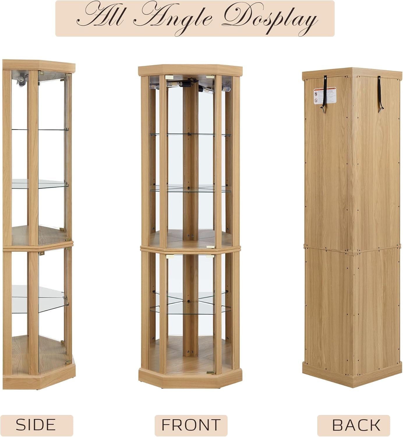 Corner Curio Cabinet, 70" H Lighted Glass Display Cage with Tempered Glass Doors and 5 Adjustable Shelves, Light Bulb Inclued, Wine Bar China Cabinet for Living Room (Light Oak)