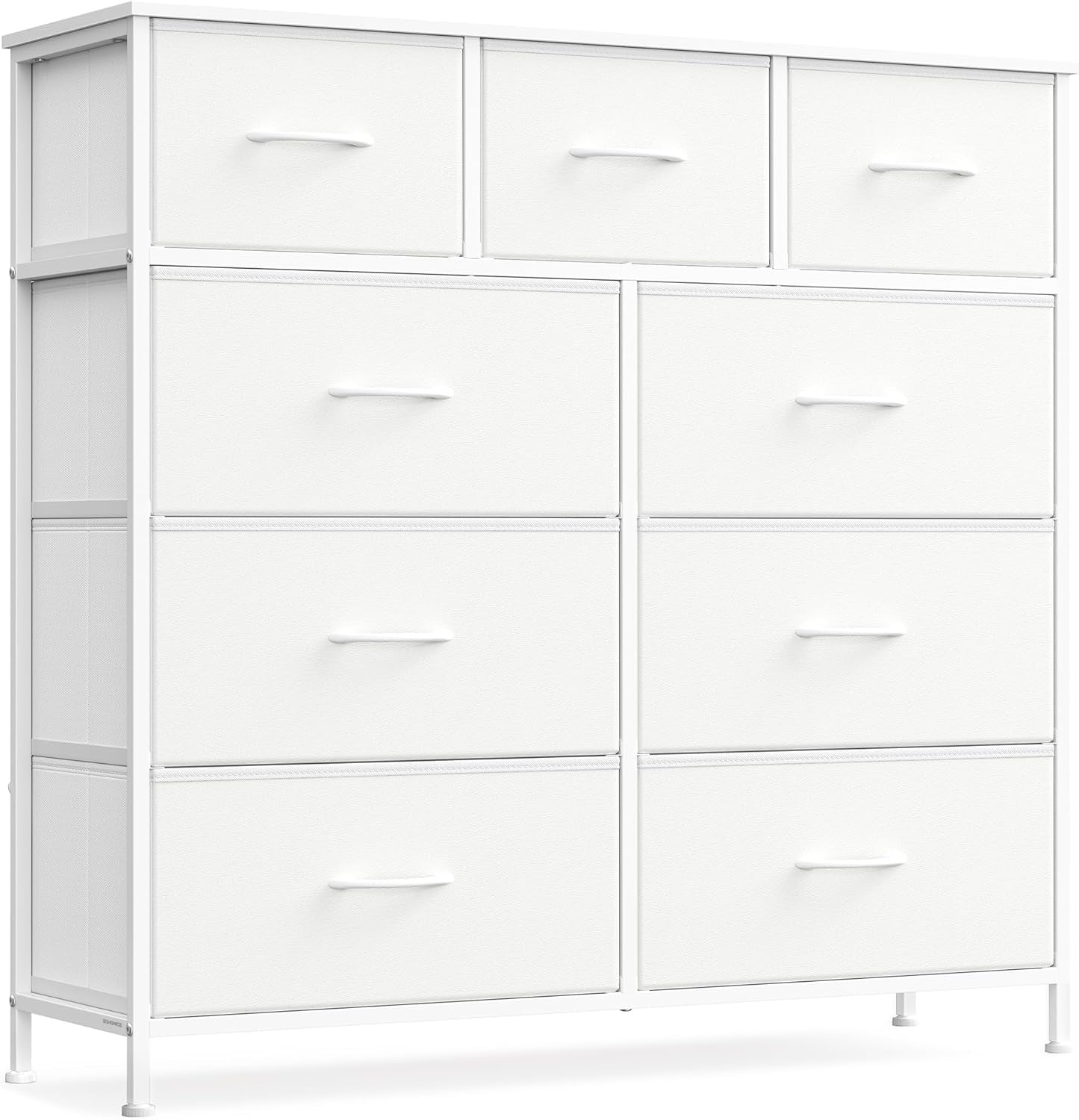 Dresser for Bedroom, Chest of Drawers, Steel, MDF, 9 Non-Woven Fabric Drawers, Storage Organizer Unit, Closet, Entryway, Cloud White and Snow White LGS324W01S