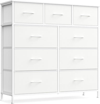 Dresser for Bedroom, Chest of Drawers, Steel, MDF, 9 Non-Woven Fabric Drawers, Storage Organizer Unit, Closet, Entryway, Cloud White and Snow White LGS324W01S