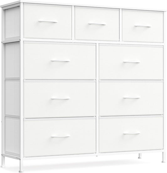 Dresser for Bedroom, Chest of Drawers, Steel, MDF, 9 Non-Woven Fabric Drawers, Storage Organizer Unit, Closet, Entryway, Cloud White and Snow White LGS324W01S