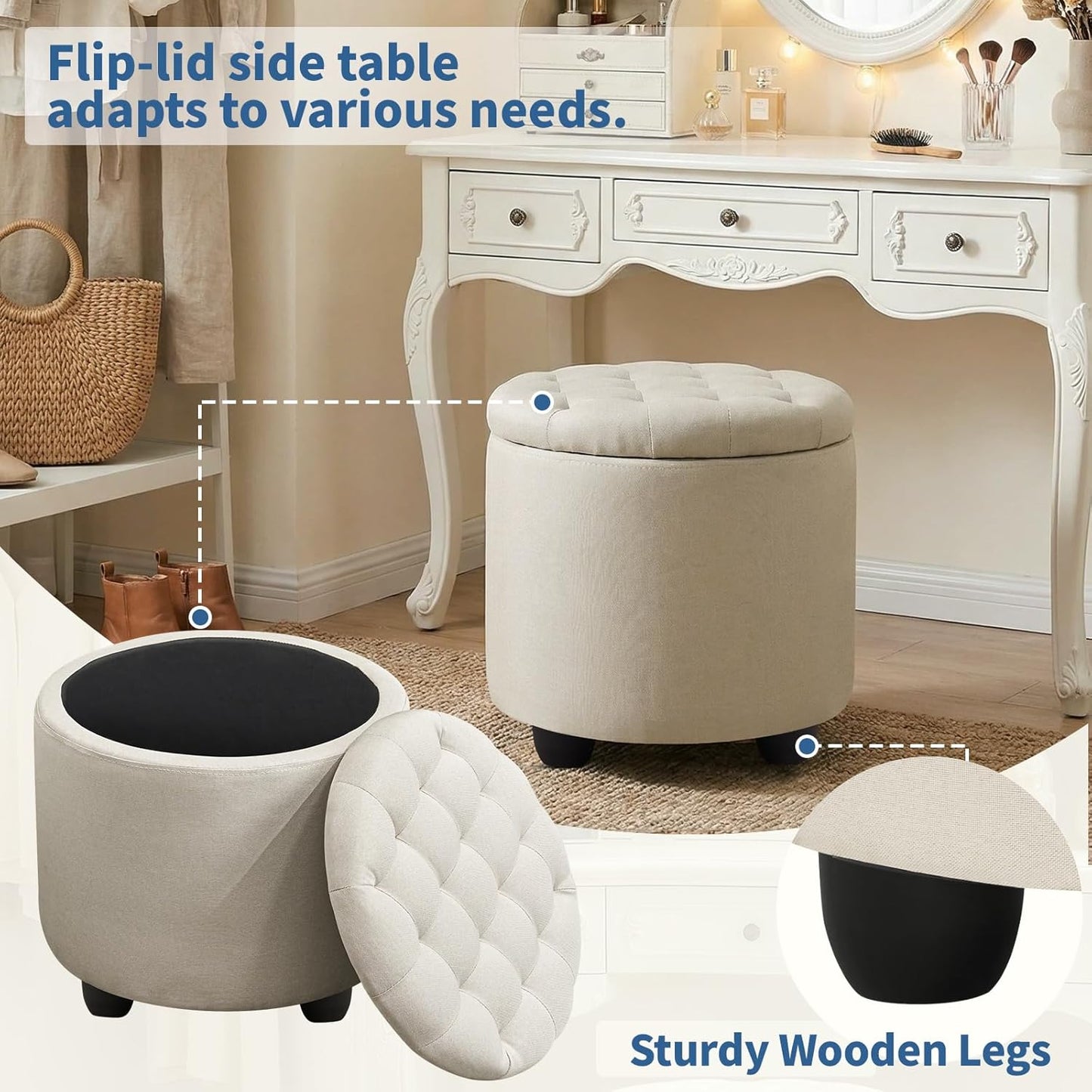 Modern round Storage Ottoman,Button Tufted Ottoman Foot Stools Ottoman Footstool with Removable Lid Storage Ottoman for Living Room, Bedroom, Makeup Room，Beige