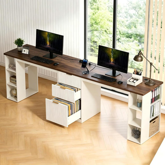 96.5" 2 Person Desk with Power Outlet & USB Ports, Double Computer Desk with Drawers & Storage Shelves, Modern Fluted Home Office Desk, White