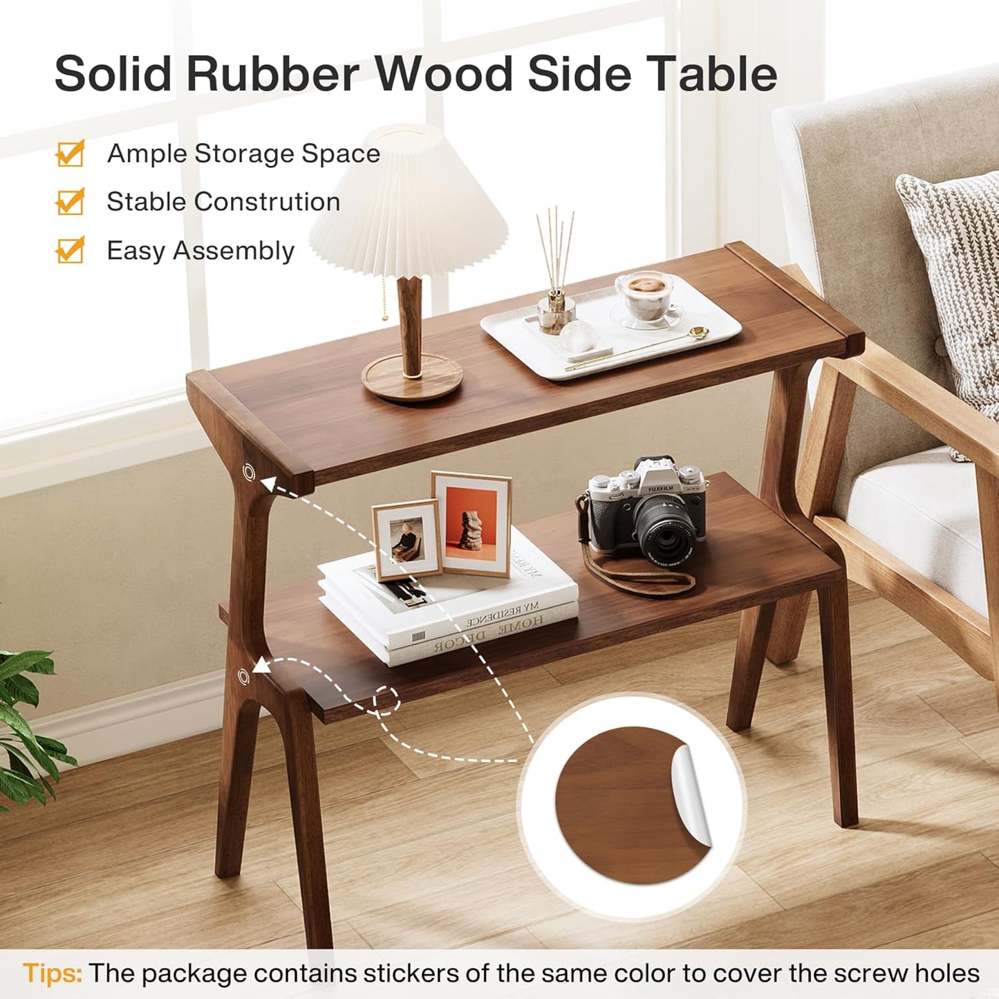 Solid Wood Side Table, 2-Tier Farmhouse Couch Side Table, Rustic Slim Tall Sofa End Table with Storage Shelf for Living Room, Skinny Bedside Table, Nightstand for Bedroom, Rustic Brown