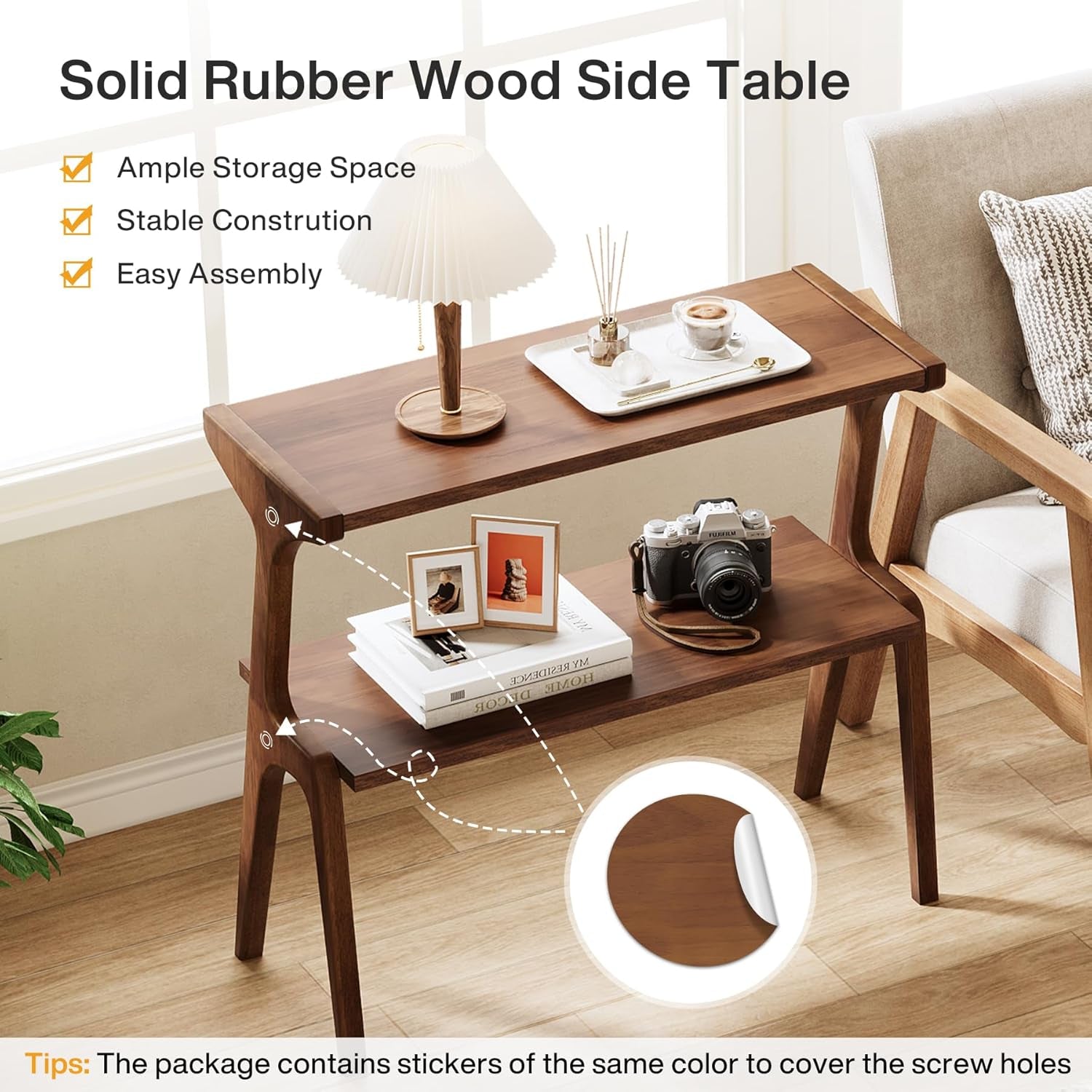 Solid Wood Side Table, 2-Tier Farmhouse Couch Side Table, Rustic Slim Tall Sofa End Table with Storage Shelf for Living Room, Skinny Bedside Table, Nightstand for Bedroom, Rustic Brown