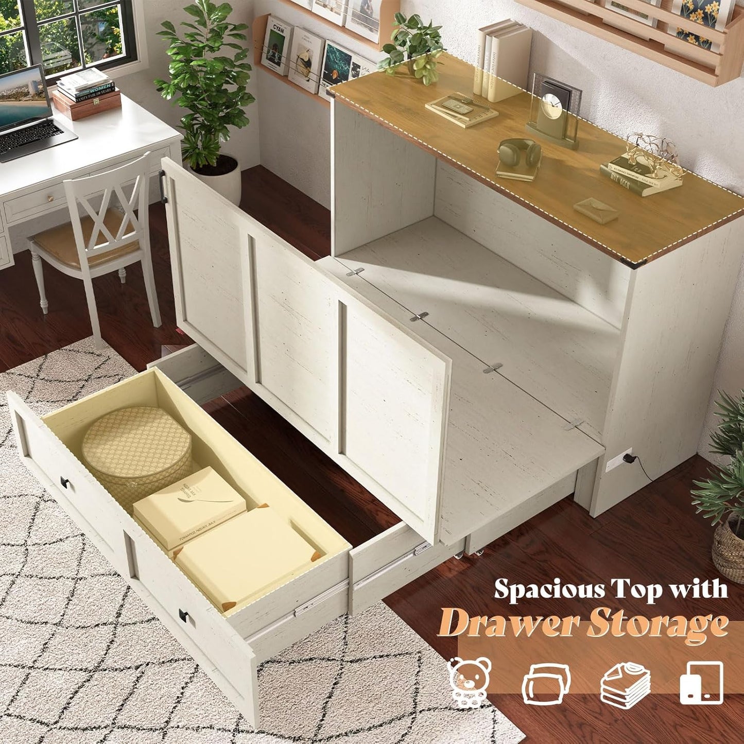 Queen Murphy Bed with Storage & Charging Station, Farmhouse Murphy Cabinet with Foldable Panel, Noisy Free, for Guest Bedroom, Living Room, Office, Distressed White