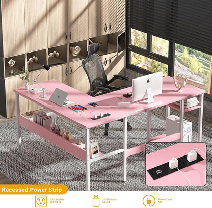 Reversible L Shaped Desk with Magic Power Outlets and USB Charging Ports, Sturdy Corner Computer Desk with Storage Shelves, Gaming Table Home Office Desk, Easy to Assemble, Pink