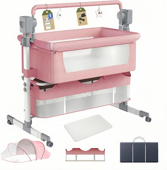 Electric Bluetooth Smart Bassinet for Co-Sleeping, Convertible and Portable Baby Bedside Crib, Foldable Newborn Bedside Bed, Toddler Cradle with Mattress and Remote Control（601 Pink