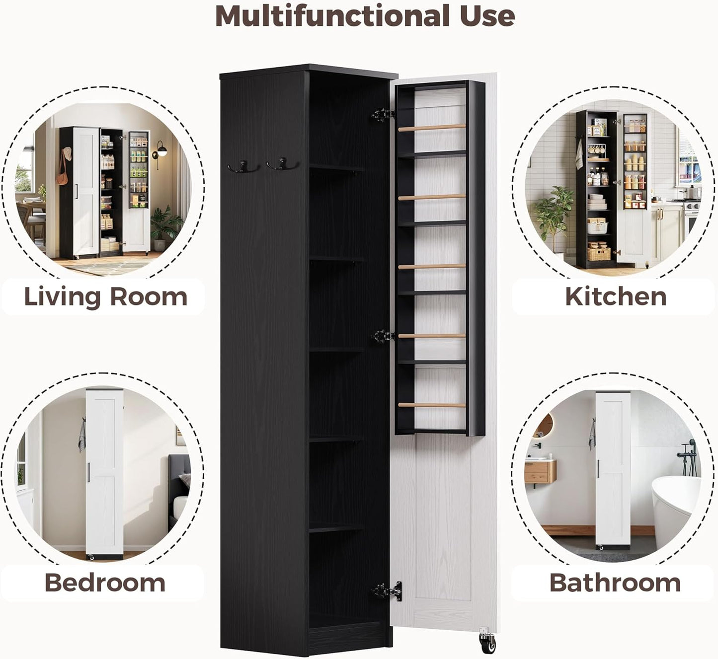 Small Kitchen Pantry Cabinet 72" for Narrow Space, with Single Door and Adjustable Shelves, Freestanding Tall Storage Cabinet for Living Room, Bathroom, Black and White