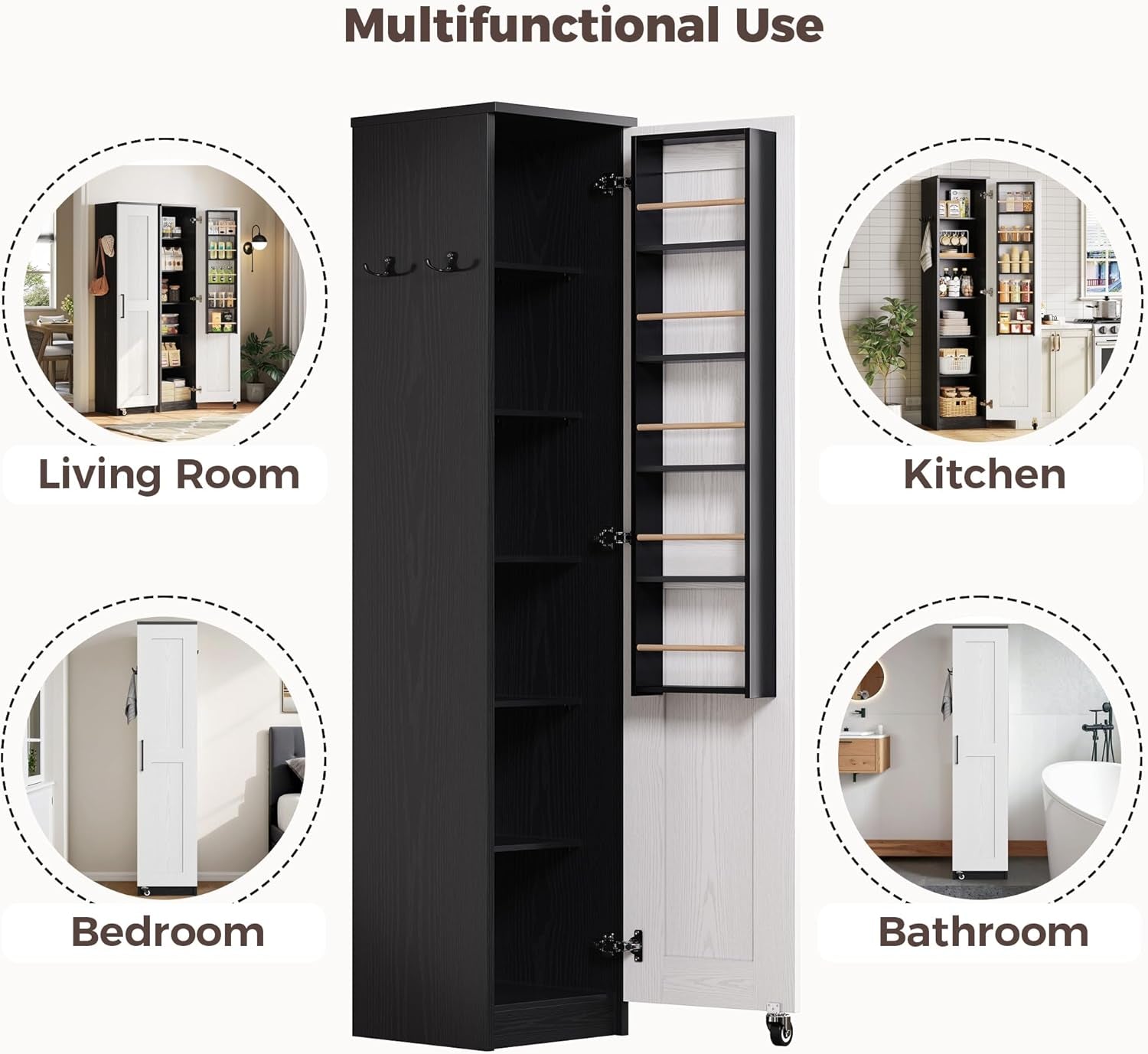 Small Kitchen Pantry Cabinet 72" for Narrow Space, with Single Door and Adjustable Shelves, Freestanding Tall Storage Cabinet for Living Room, Bathroom, Black and White