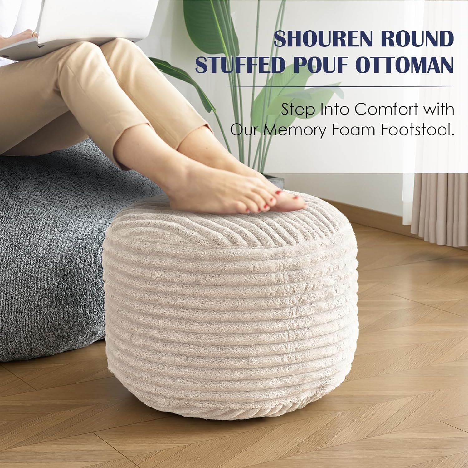 Stuffed round Pouf Ottoman,Corduroy Foot Rest with Shredded Foam Filling, Lightweight and Fluffy Pouf Storage Ottoman for Living Room,Floor Poufs for Couch,20"X 17",Beige