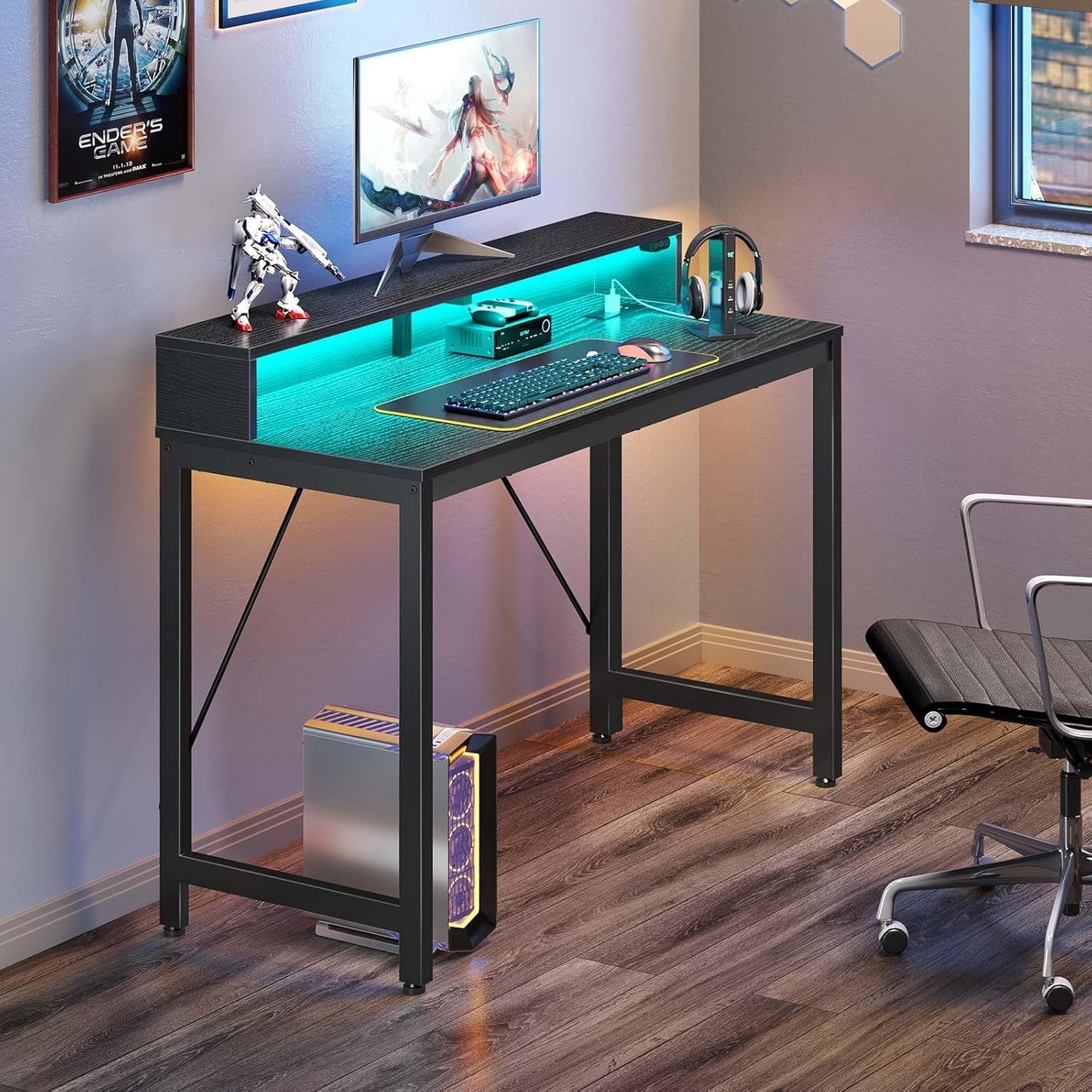 Computer Desk 39" with LED Lights & Power Outlets, Home Office Desk with Monitor Shelf, Gaming Desk,Writing Desk, Study Desk for Student & Kids, Black