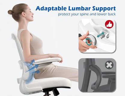 Ergonomic Office Chair - Desk Chair with Adjustable Lumbar Support Computer Chair - Mesh Comfy Chair with Flip-Up Armrests - Gaming Chairs for Adults Home Office (Leather, White)