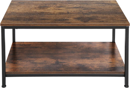 2-Tier Industrial Coffee Table with Storage Shelf for Small Apartment Living Room, Rectangle Wood and Stable Metal TV Stand Side End Table, Rustic Brown
