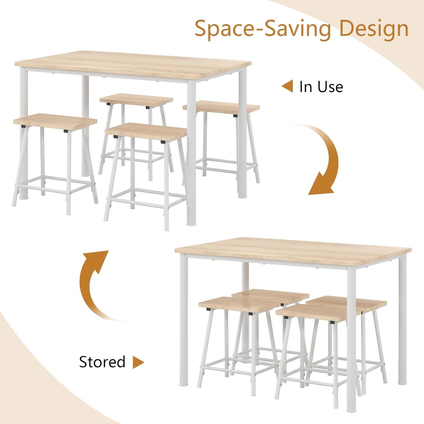 Kitchen Dining Room Table and Chairs for 4, 5-Piece Dinette Sets, Space Saving, Burnished Silver