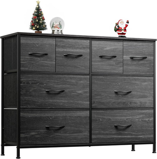 Dresser for Bedroom with 8 Drawers, Wide Fabric Dresser for Storage and Organization, Bedroom Dressers, Chest of Drawers for Living Room, Closet, Hallway, Charcoal Black Wood Grain Print