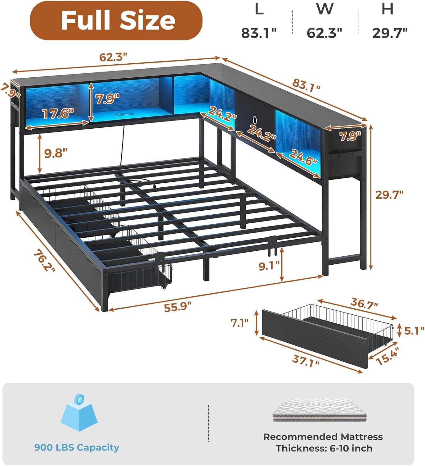 Full Corner Bed Frame with Bookcase Storage and Led Lights Metal Platform Bed Frame Full Size with Storage Drawers & Charging Station Full Size Daybed for Teen/Adult,No Box Spring Needed,Black