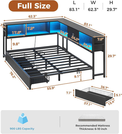 Full Corner Bed Frame with Bookcase Storage and Led Lights Metal Platform Bed Frame Full Size with Storage Drawers & Charging Station Full Size Daybed for Teen/Adult,No Box Spring Needed,Black