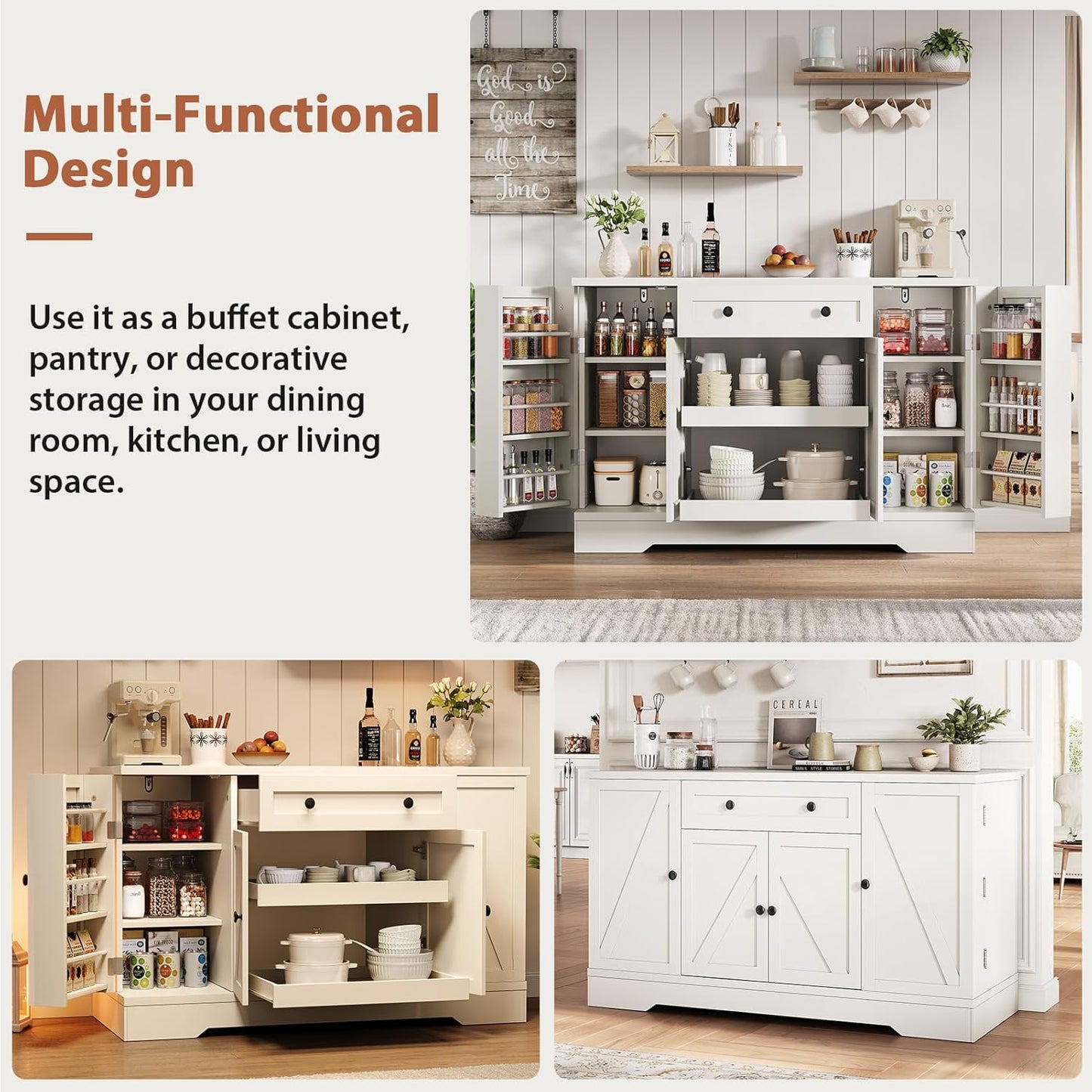 55" Buffet Cabinet with Storage, Kitchen Buffet Sideboard with Pull-Out Shelves and Drawer, Wood Farmhouse Coffee Bar Cabinet with 4 Adjustable Shelves, Kitchen Pantry for Living Room, White