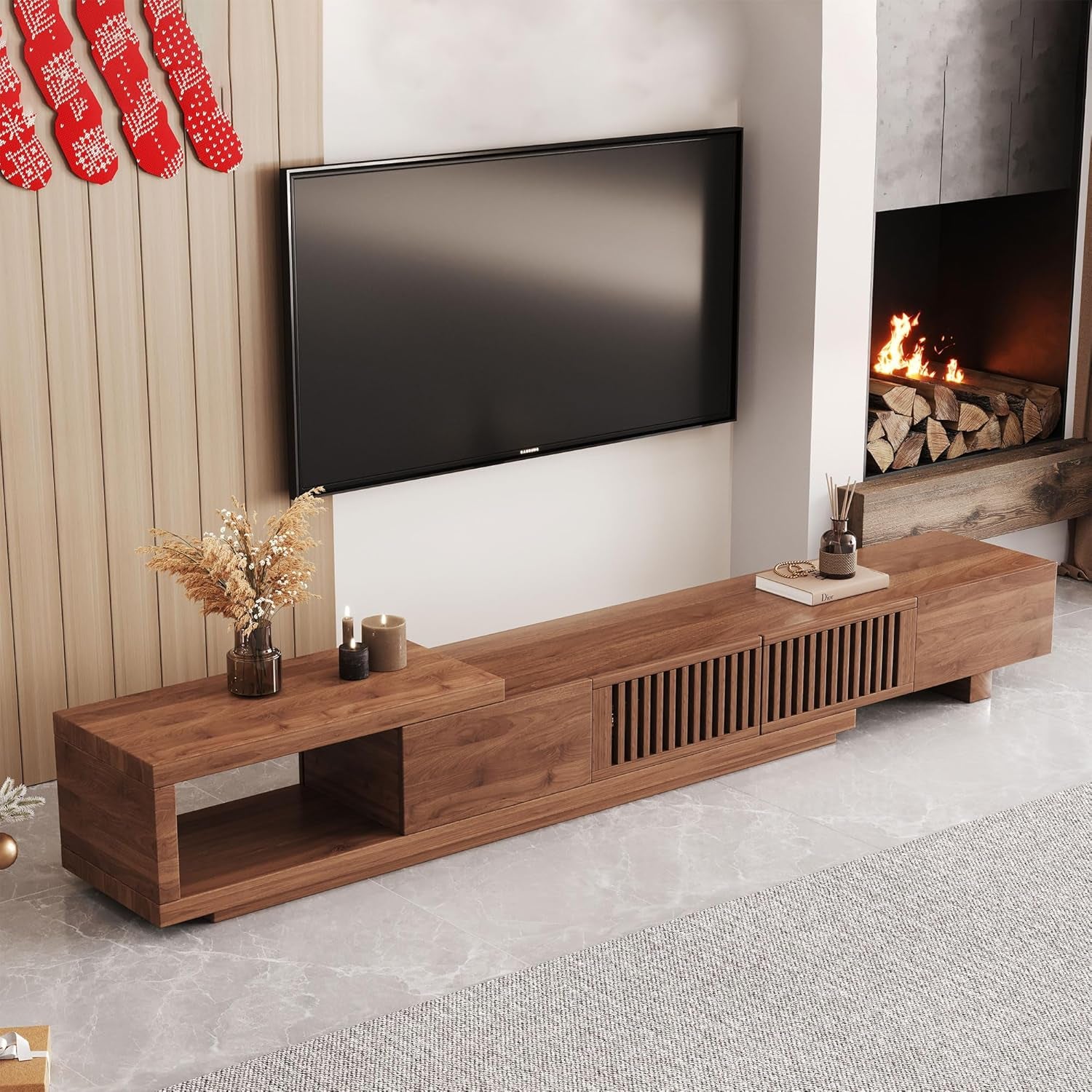 Mid Century Modern TV Stand for 75+ Inch Tvs, Extendable Media Console (78"-103") with Ample Storage - Sleek Walnut Entertainment Center for Living Room