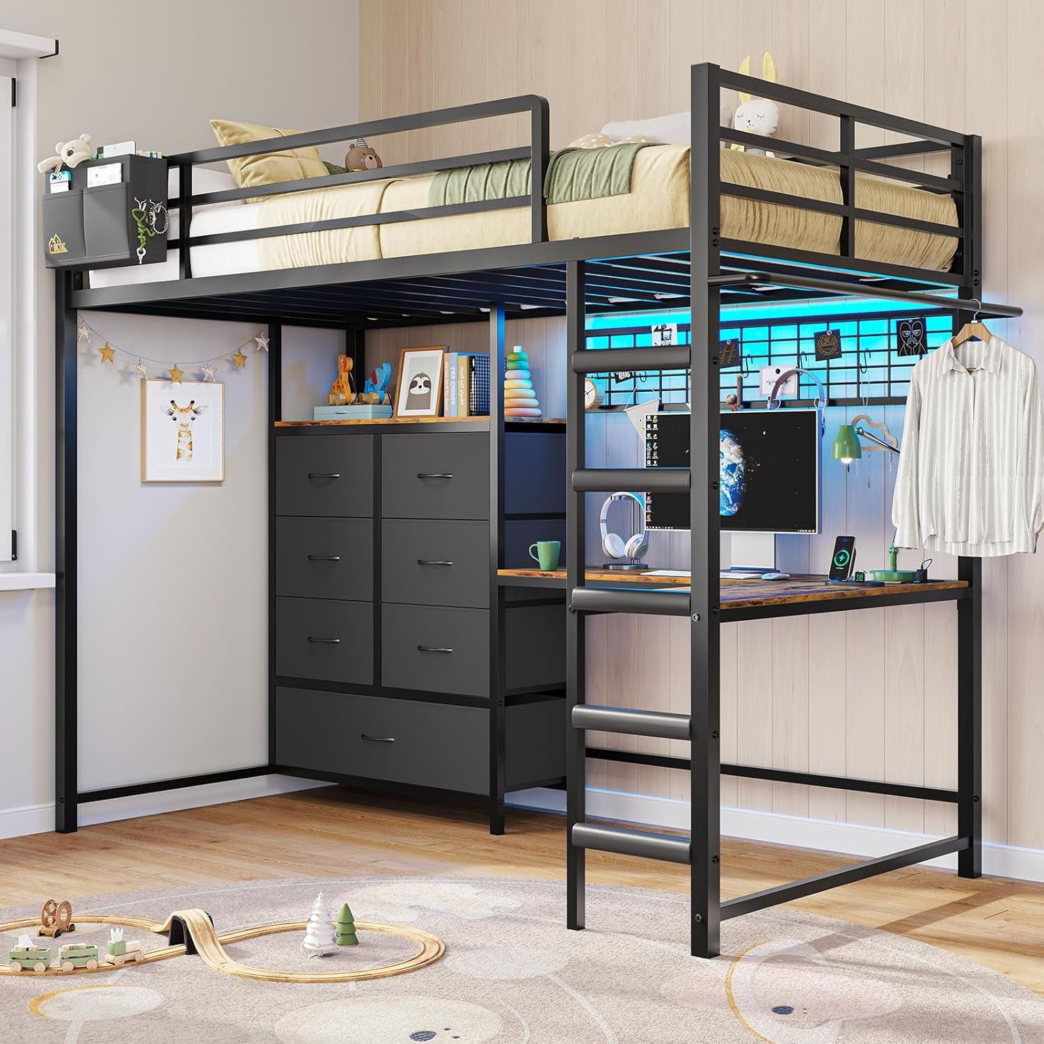 Twin Loft Bed with L-Shaped Desk and 7 Storage Drawers,Metal Twin Size Loft Bed for Kids with LED Lights and Charging Station,13.11" H Safety Guardrail and Ladder,No Box Spring Needed, Black