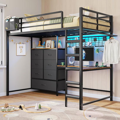 Twin Loft Bed with L-Shaped Desk and 7 Storage Drawers,Metal Twin Size Loft Bed for Kids with LED Lights and Charging Station,13.11" H Safety Guardrail and Ladder,No Box Spring Needed, Black