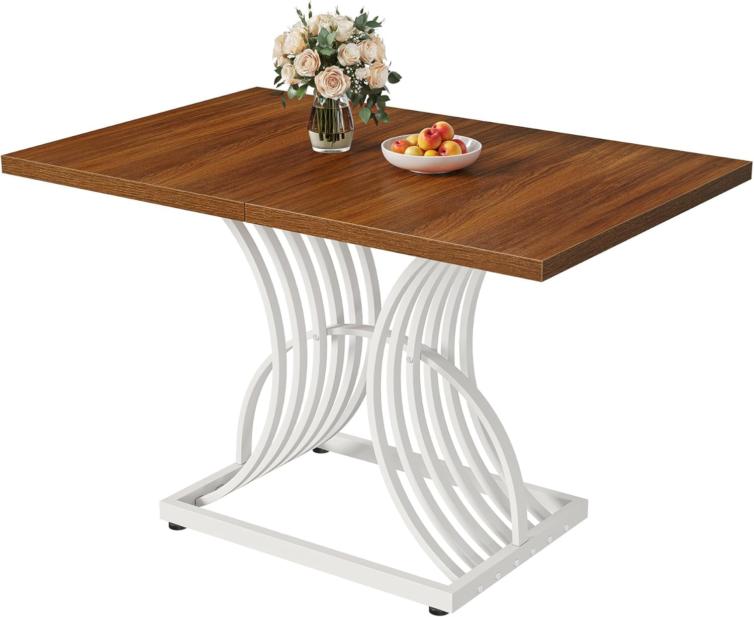 Modern Dining Table for 4 People 47 Inch Rectangular Kitchen Table with Walnut Tabletop and White Geometric Legs Small Dinner Table Kitchen & Dining Room Furniture Brown