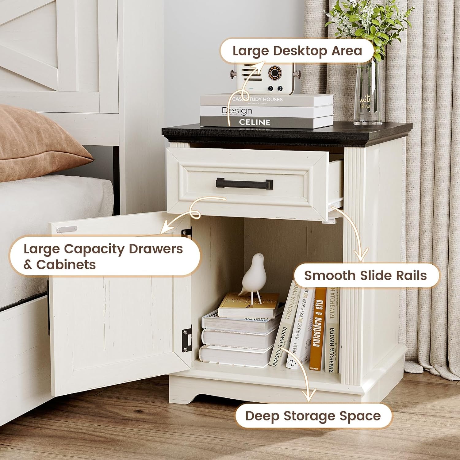 White Nightstand, End Table with Drawers, Bed/Sofa Side Tables with Large Storage Cabinet for Bedroom, Office, Small Spaces, Wood, 17.72”L X 15.75”D X 23.82”H