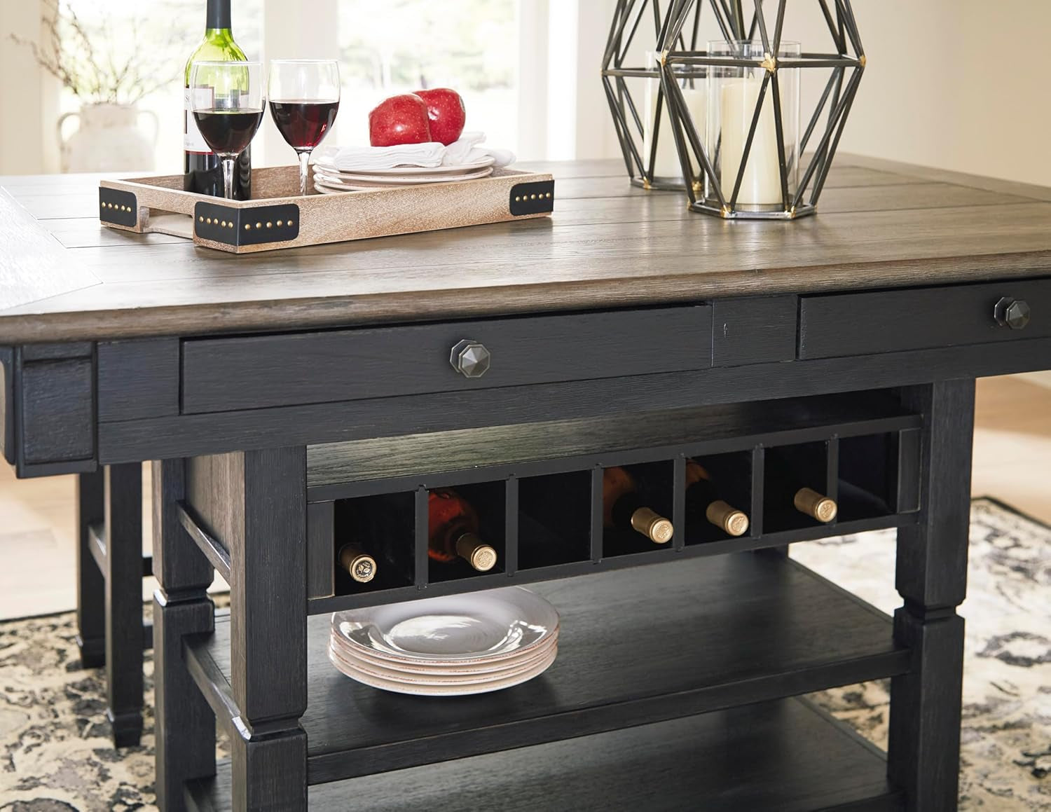 Tyler Creek Farmhouse 36"Counter Height Dining Table with Wine Rack, Amost Black