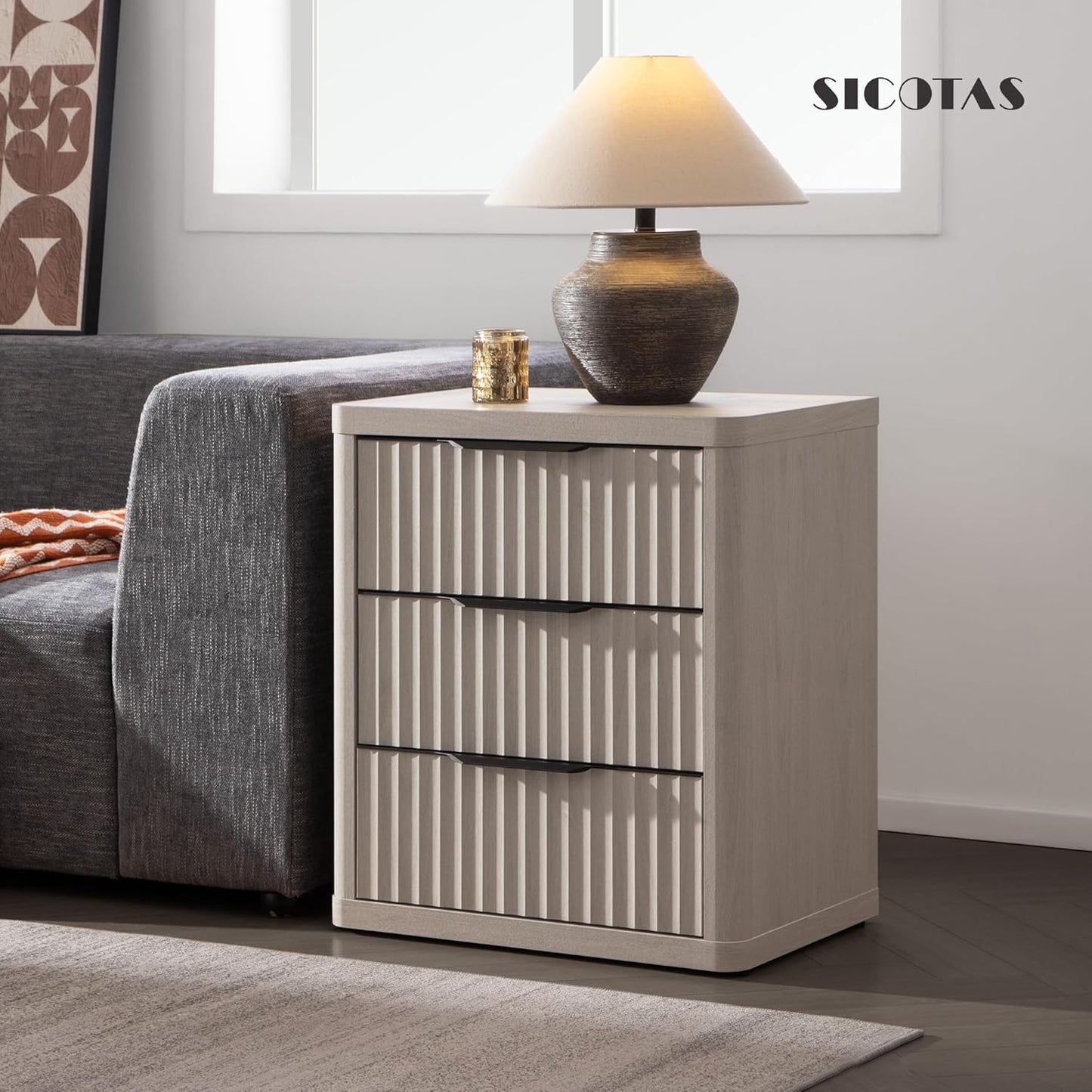 Night Stand Set of 2 Nightstands with 3 Drawers Storage Bedside Table Large Fluted Bed Side End Table Modern 25.6" Tall Wide Night Stands for Bedroom Living Room Sofa Couch Office, White Alder