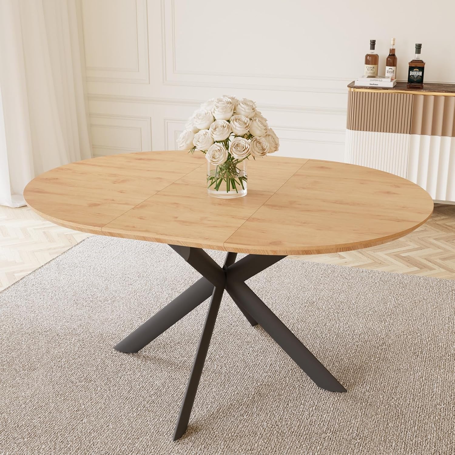 43.2"-59.1" Extendable round Dining Table Set, Wooden round Table for 4-6 Person, Oak Coffee Table W/Scratch-Resistant Tabletop