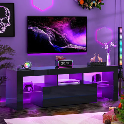 LED TV Stand for Televisions up to 55 Inchs,Modern Entertainment Center with Storage Drawer and Glass Shelf, TV Console Table for Living Room,Bedroom (Black, 50In)