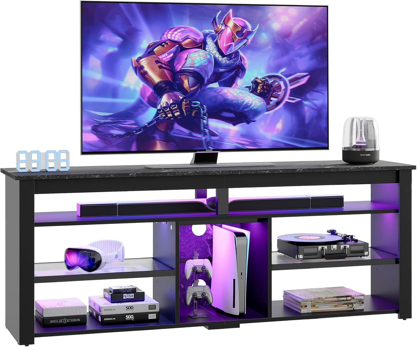TV Stand for 70 Inch TV, Tall Entertainment Center with 2 Led Lights, Gaming TV Console with Storage for PS5, Modern TV Cabinet for Bedroom, Living Room, Black Marble