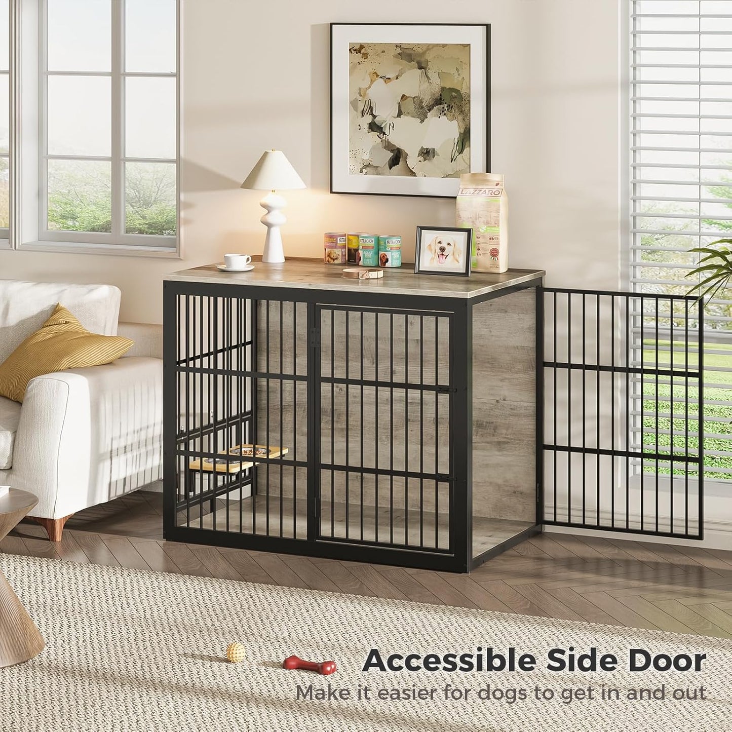 48'' XXL Dog Crate Furniture with Rotating Feeder, Large Wooden Crate End Table, Heavy Duty Indoor Kennel Cage for Medium to Large Dogs, Grey