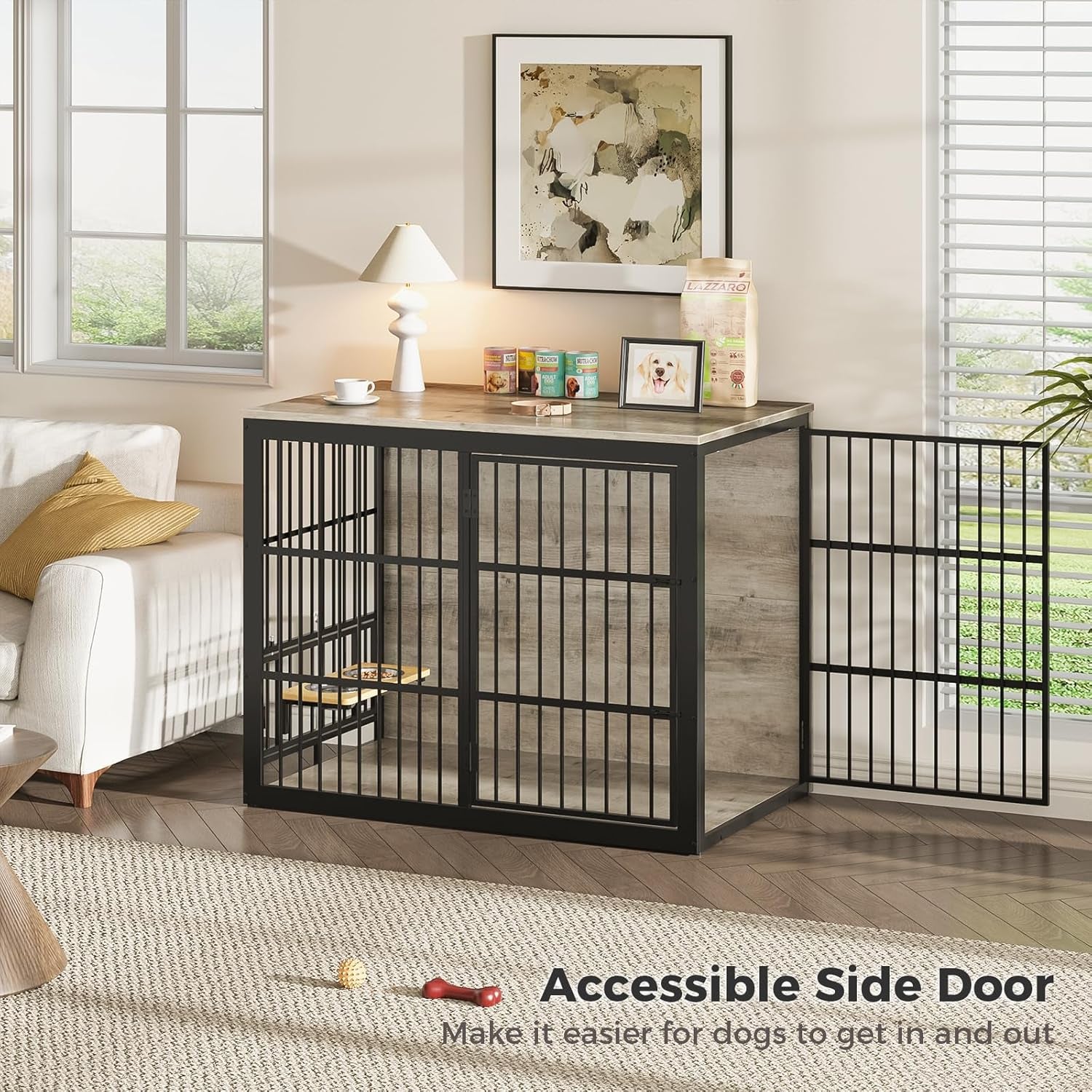 48'' XXL Dog Crate Furniture with Rotating Feeder, Large Wooden Crate End Table, Heavy Duty Indoor Kennel Cage for Medium to Large Dogs, Grey