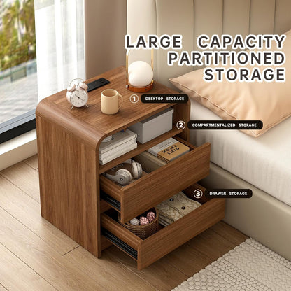 23.6" Walnut Nightstand Set of 2 with Charging Station, Anti-Collision Mid Century Modern Bedside Table with 500 LB Capacity, Soft Close Drawers Night Stand with Hidden Storage for Bedroom