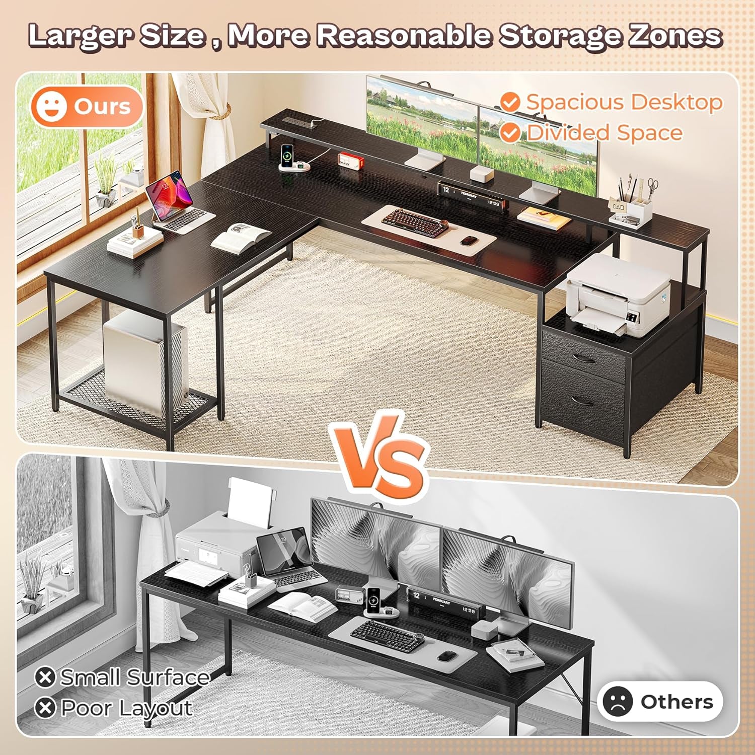 66" L Shaped Gaming Desk with LED Lights & Power Outlets, Computer Desk with Fabric Drawers and Print Stand, Corner Office Desk, Monitor Stand, Mesh CPU Stand, Black