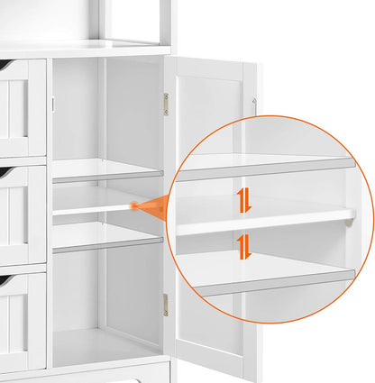 Bathroom Floor Cabinet Wooden Storage Organizer with 1 Door and 3 Drawers, Free-Standing Cupboard for Kitchen/Living Room/Bathroom Use, White