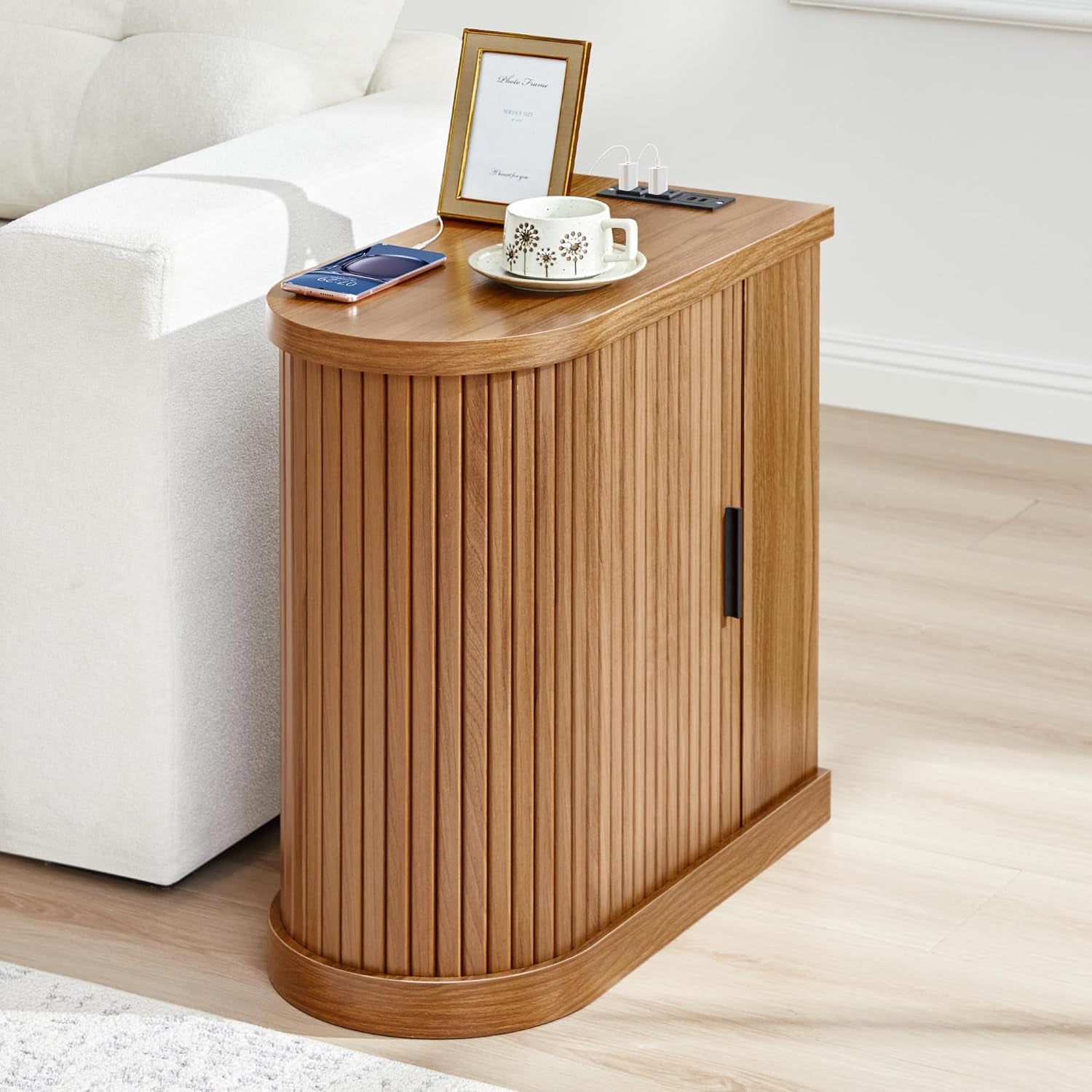 Small End Table, Narrow Side Table, Skinny Nightstand with Charging Station, Mid-Century Modern Curved Fluted Bedside Table with Door and Shelf for Small Spaces,Living Room,Bedroom,Walnut