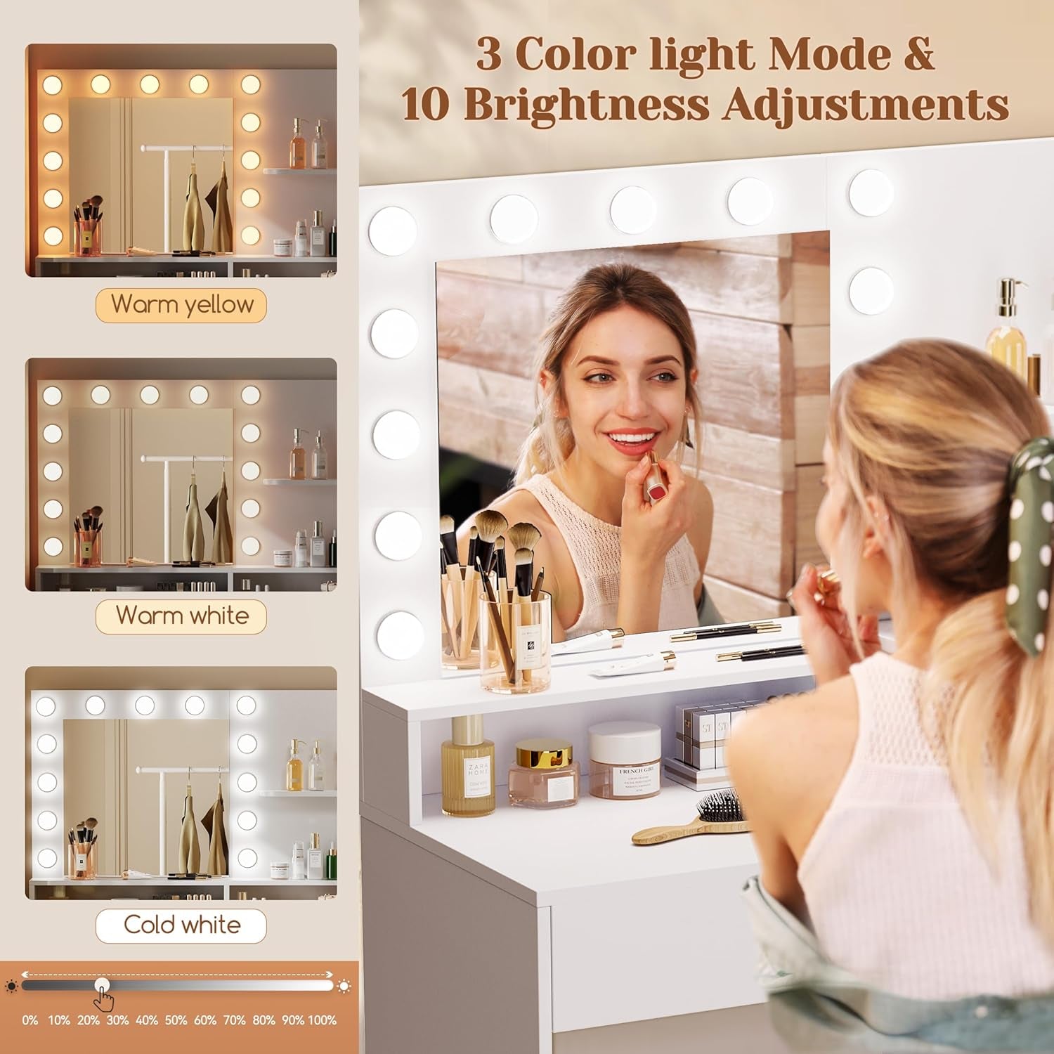 Vanity Desk with Mirror & Lights, White Makeup Desk with Drawers & Cabinet, 3 Lighting Modes & 10 Brightness, Vanity for Bedroom & Dressing Room