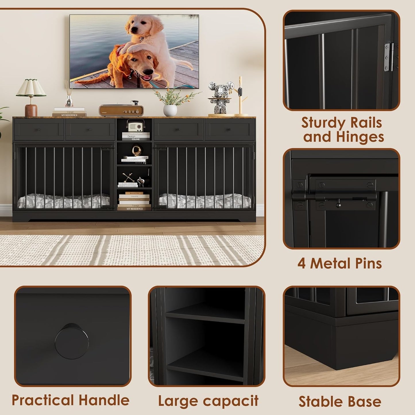 82” Large Dog Crate for 2 Dogs, Dog Kennel Indoor with 4 Drawers and Shelves, Double Dog Crate Furniture TV Stand, Wooden Dog Cage for Medium Large Dogs, Black