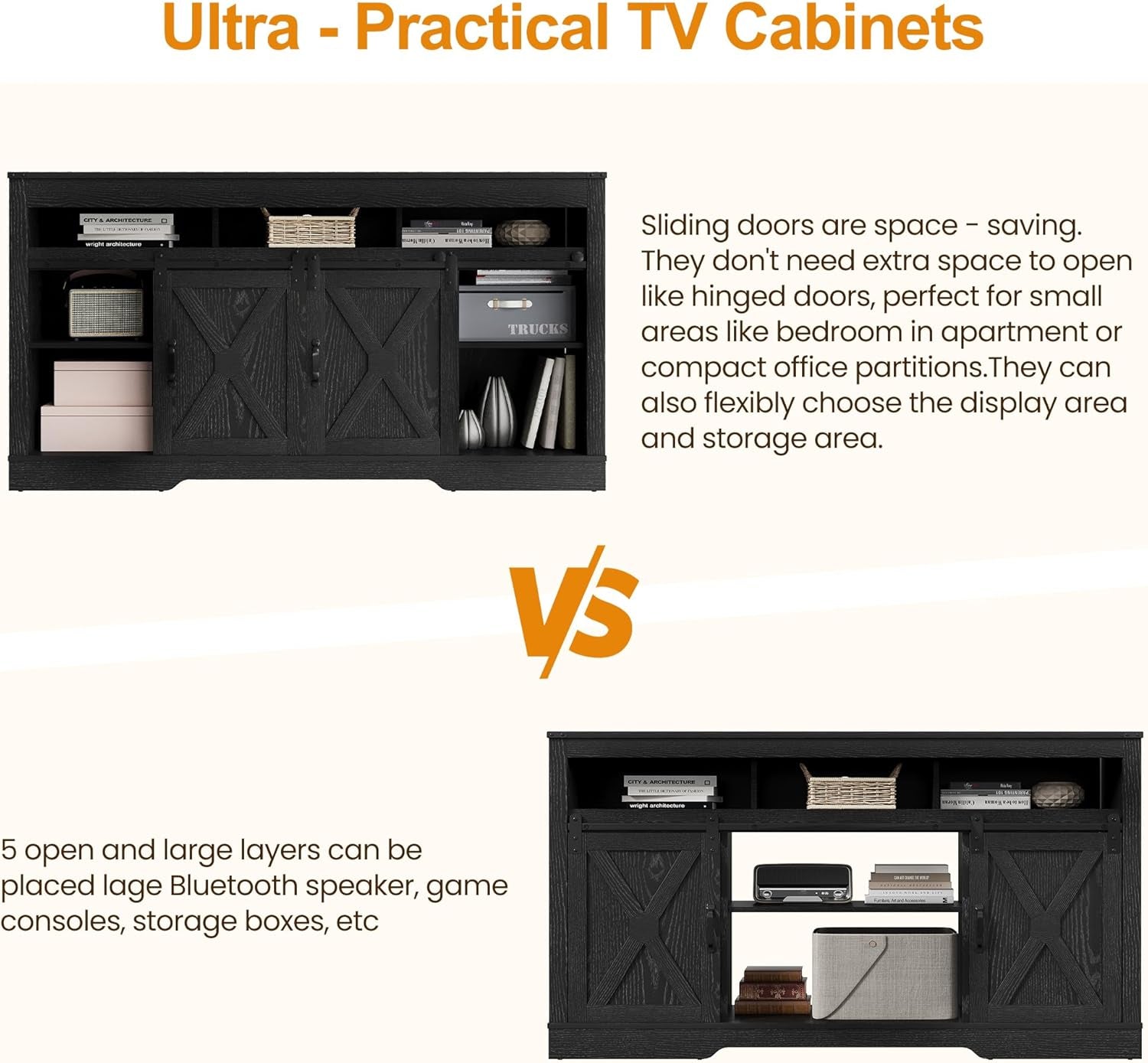 Farmhouse TV Stand for 65+ Inch TV, Tall Entertainment Center with Storage Cabinets and Sliding Barn Doors, Mid Century Modern Media TV Console Table for Living Room (Black)