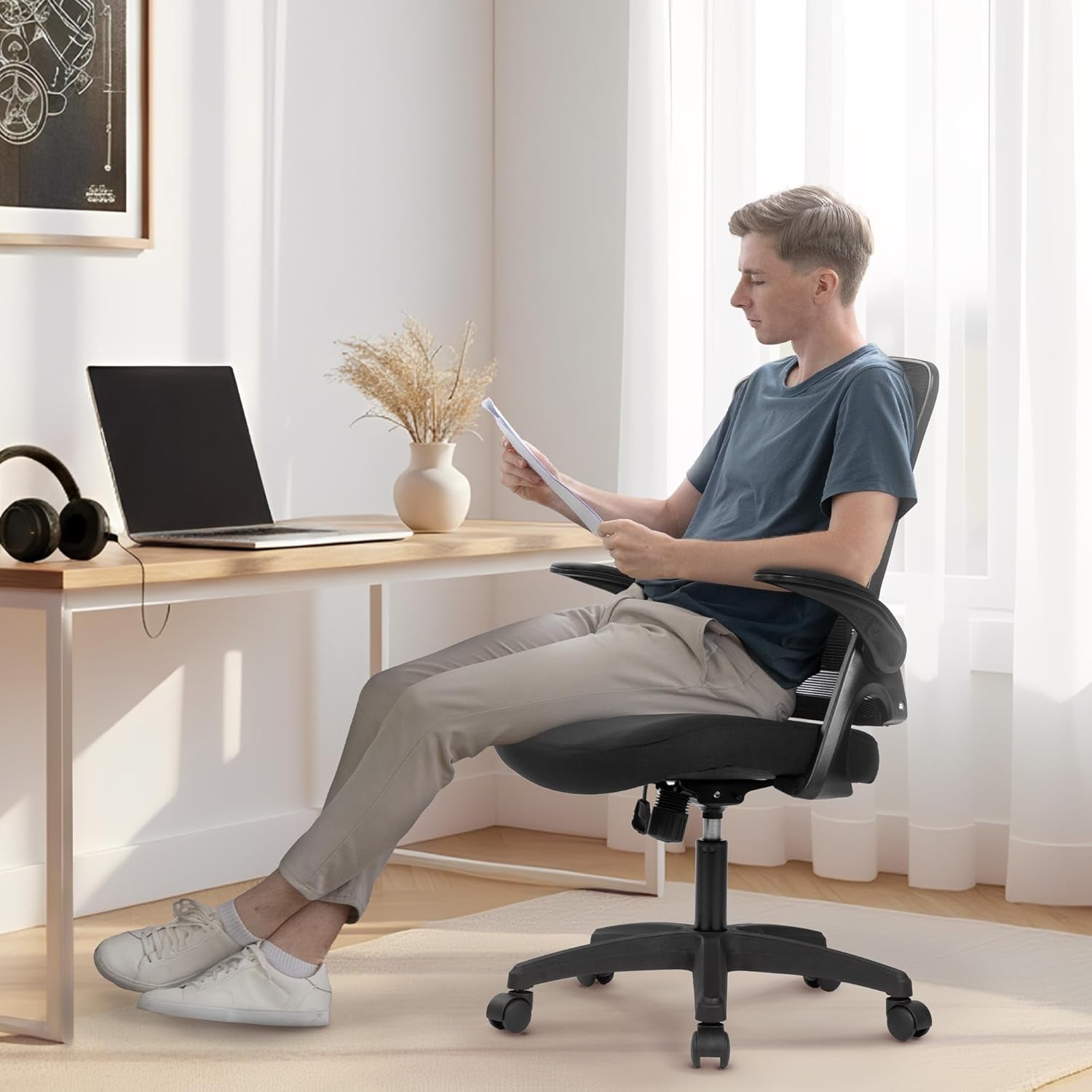 Office Desk Chair Computer High Back Mesh Gaming Seat with Ergonomic Adjustable Comfy Flip-Up Armrests Lumbar Support Height for Home (Black)