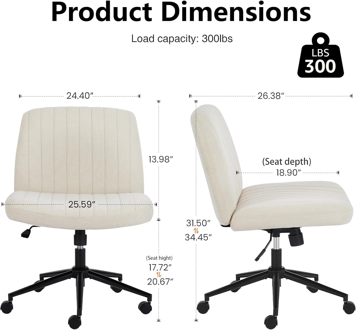 Criss Cross Chair with Wheels Wide Cross Legged Office Desk Vanity Chair Comfy Fabric Armless Adjustable Swivel for Home Computer Task Fabric Beige